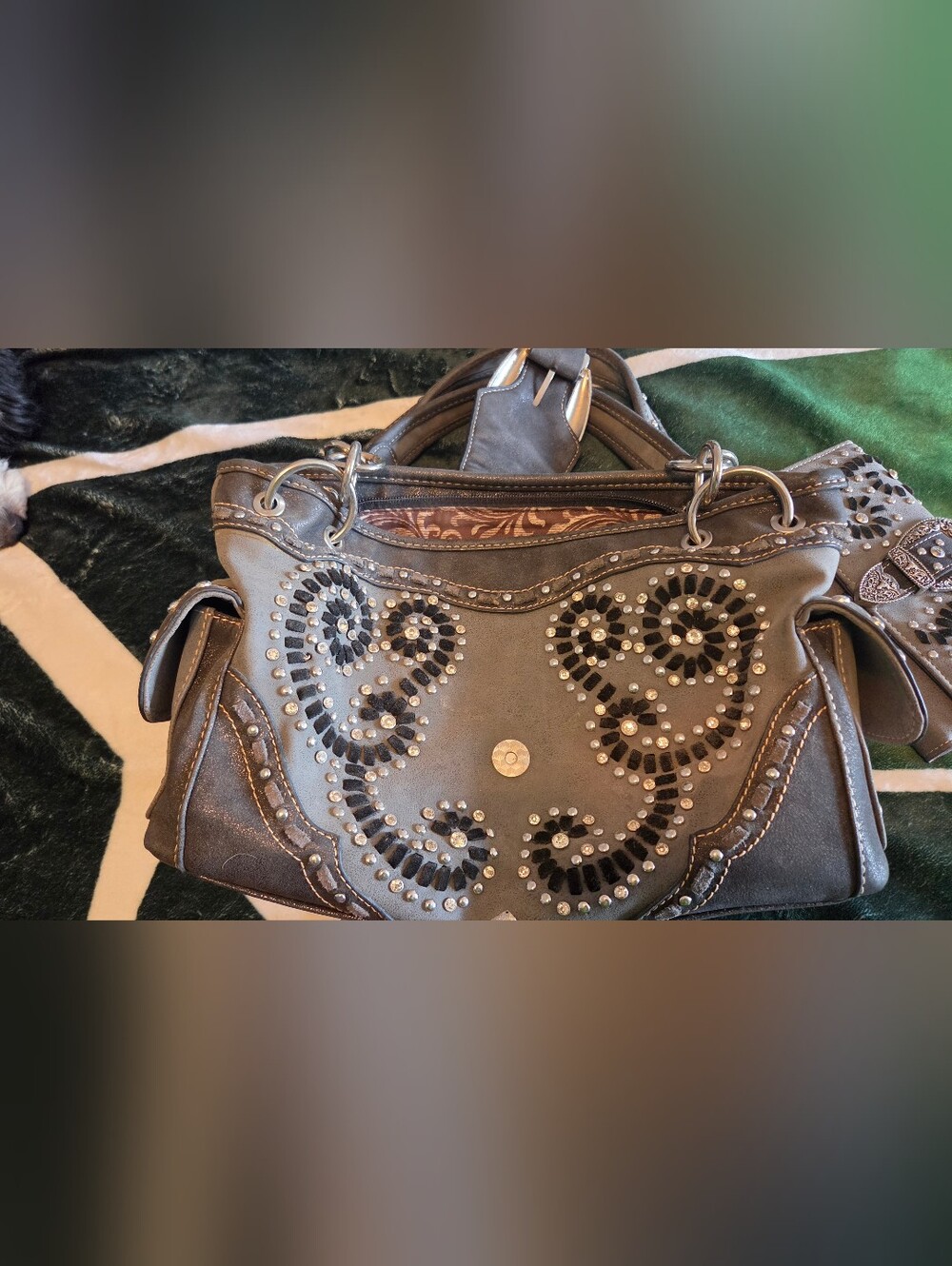 Studded Buckle Detail Gray Women's Satchel - Picture 3 of 10